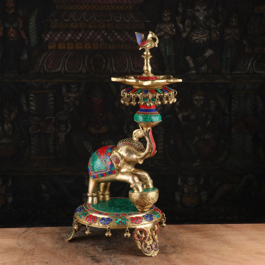 Brass Elephant Diya Stone Work For Home Temple Religious Decor Showpiece 1.5 Feet