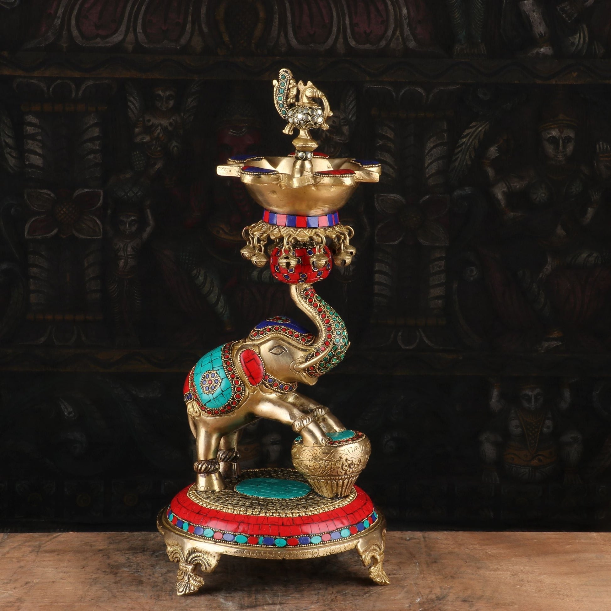 Brass Elephant Diya Stone Work For Home Temple Religious Decor 1.5 Feet - Image 2