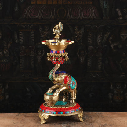 Brass Elephant Diya Stone Work For Home Temple Religious Decor 1.5 Feet by vendor-unknown - Spiritual (View 3)