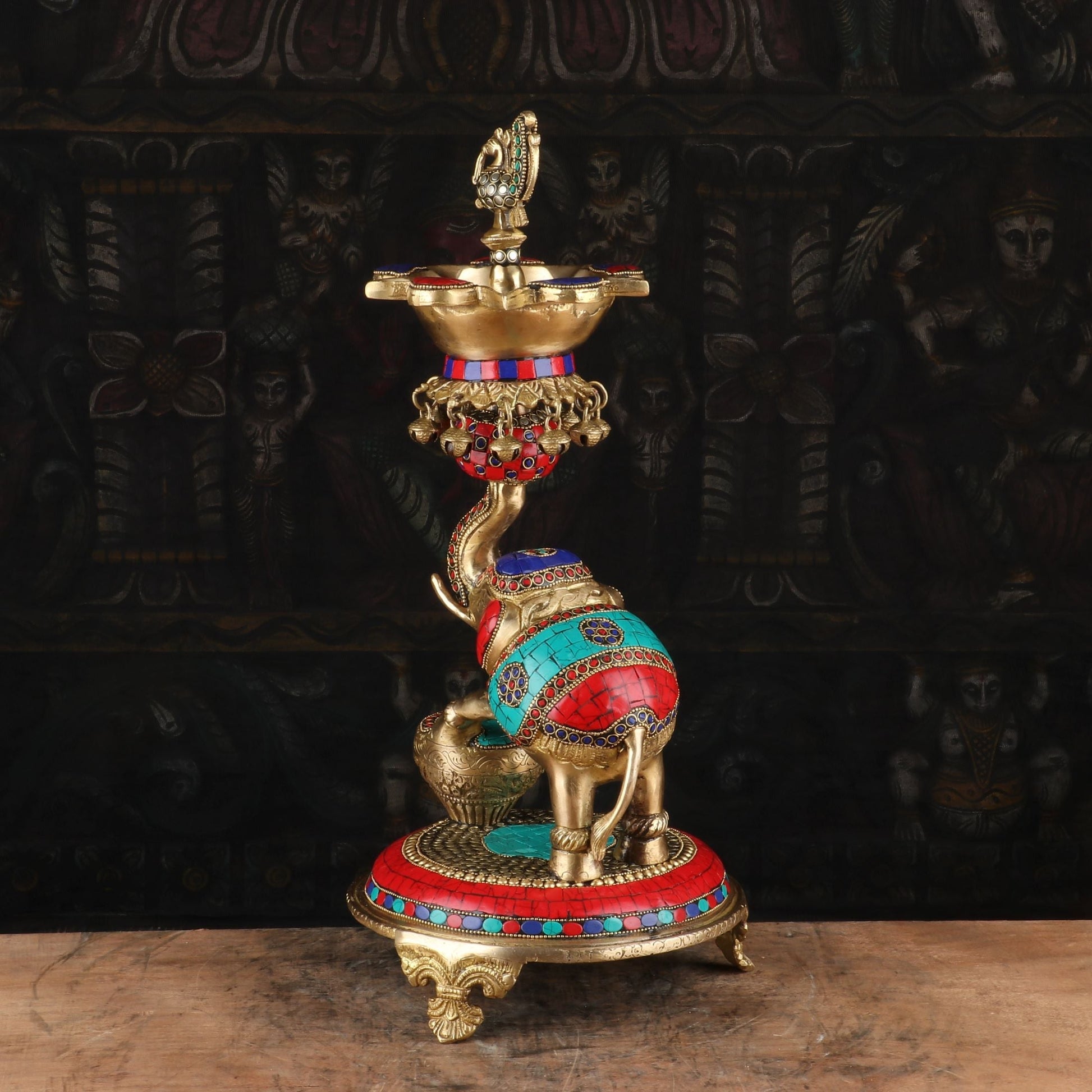Brass Elephant Diya Stone Work For Home Temple Religious Decor 1.5 Feet - Image 4