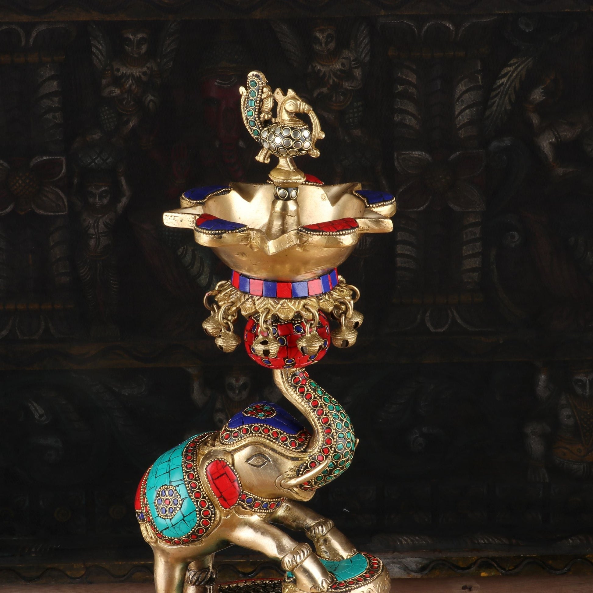 Brass Elephant Diya Stone Work For Home Temple Religious Decor 1.5 Feet - Image 6