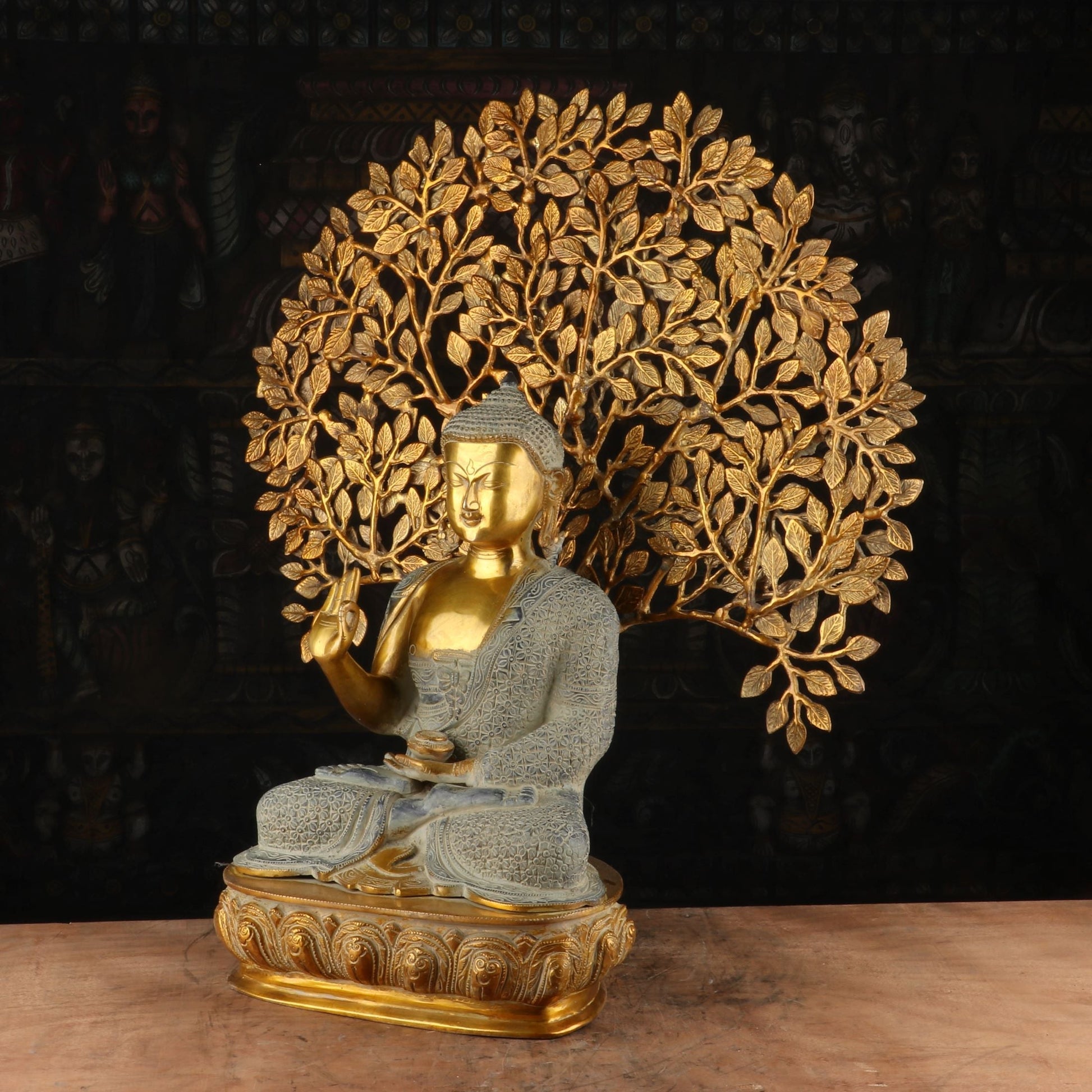 Brass Large Buddha Idol With Tree Antique Finished For Home Decor Showpiece 2 Feet - Image 3