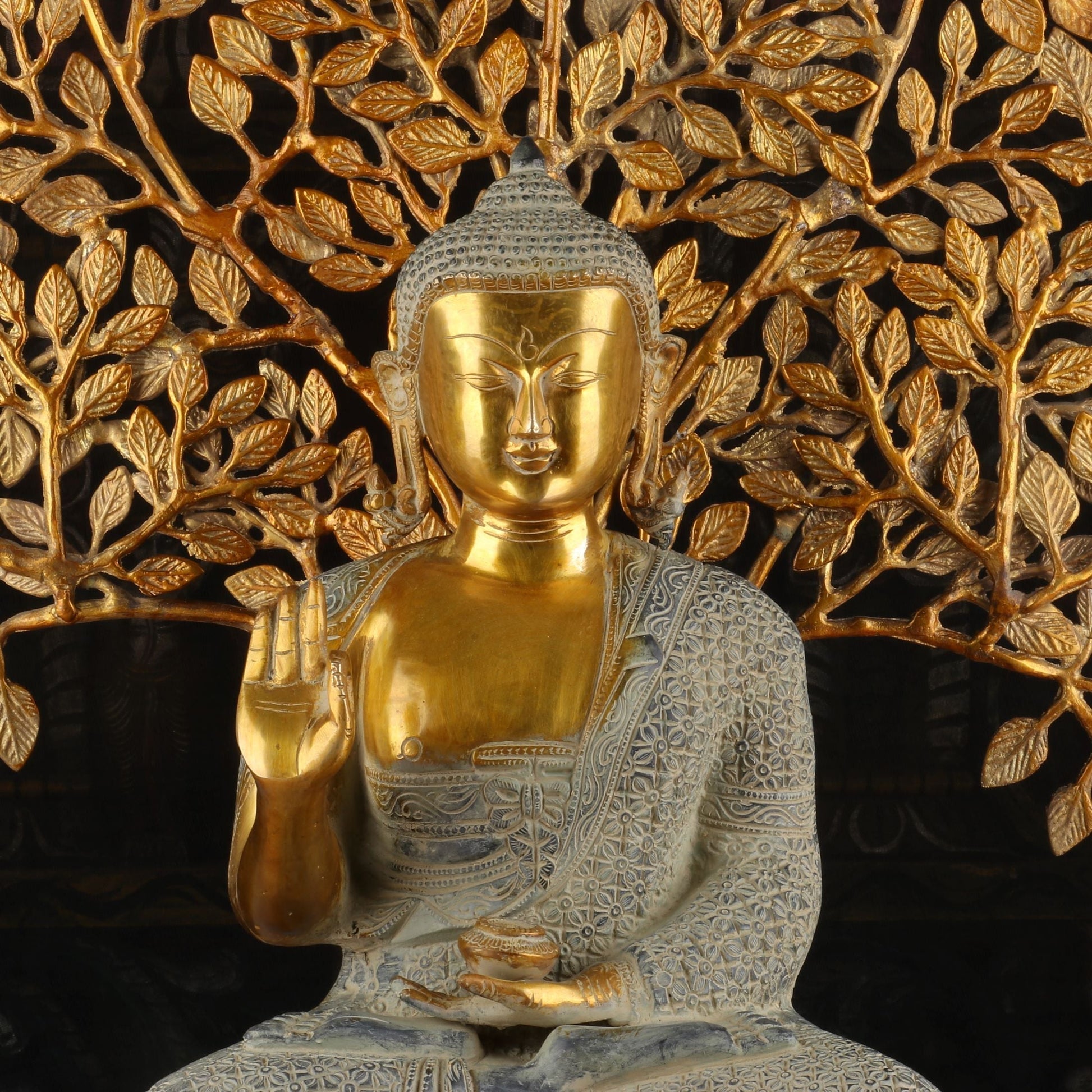 Brass Large Buddha Idol With Tree Antique Finished For Home Decor Showpiece 2 Feet - Image 6
