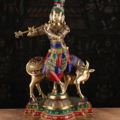 Brass Krishna Statue with Cow 2 Feet by StatueStudio by vendor-unknown - Hindu Gods (View 2)