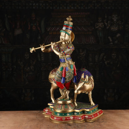Brass Krishna Statue with Cow 2 Feet by StatueStudio by vendor-unknown - Hindu Gods (View 3)