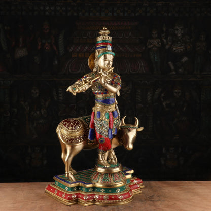 Brass Krishna Statue with Cow 2 Feet by StatueStudio by vendor-unknown - Hindu Gods (View 4)