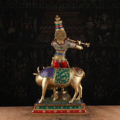 Brass Krishna Statue with Cow 2 Feet by StatueStudio by vendor-unknown - Hindu Gods (View 5)