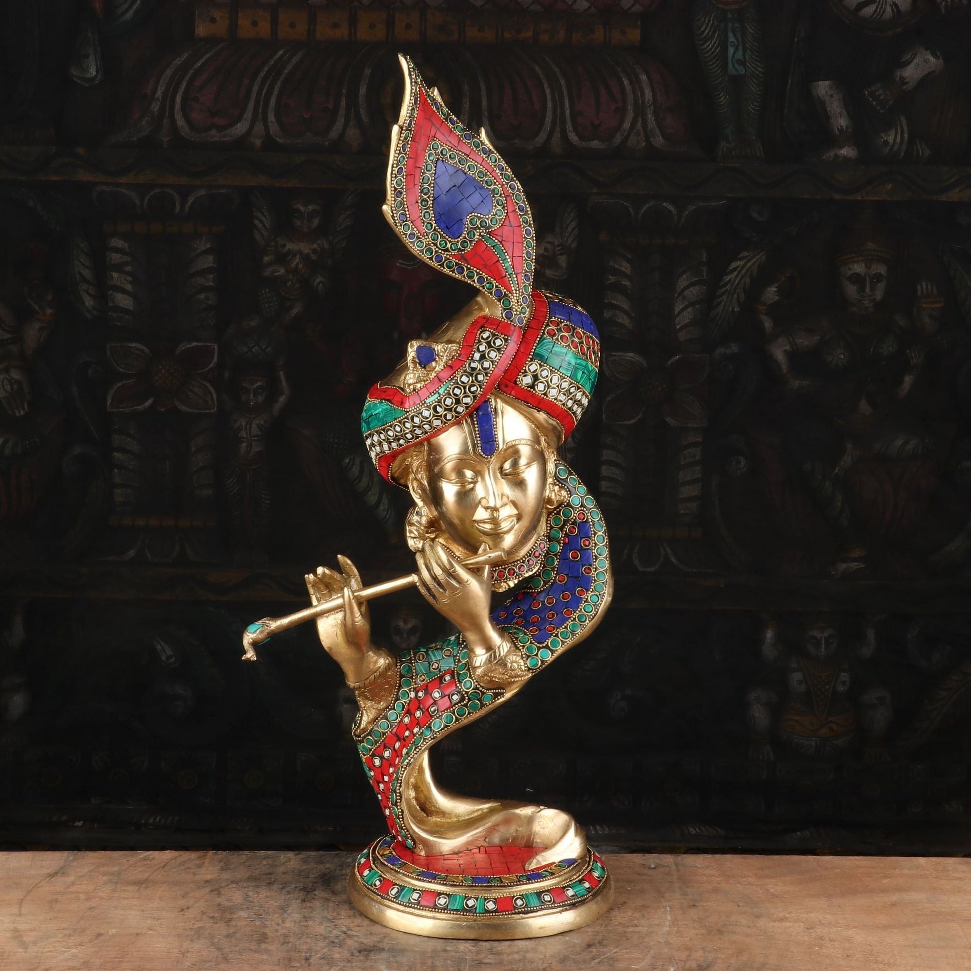 Brass Krishna Head Statue with Modern Design 20" by StatueStudio - Eco-friendly - Sama Homes