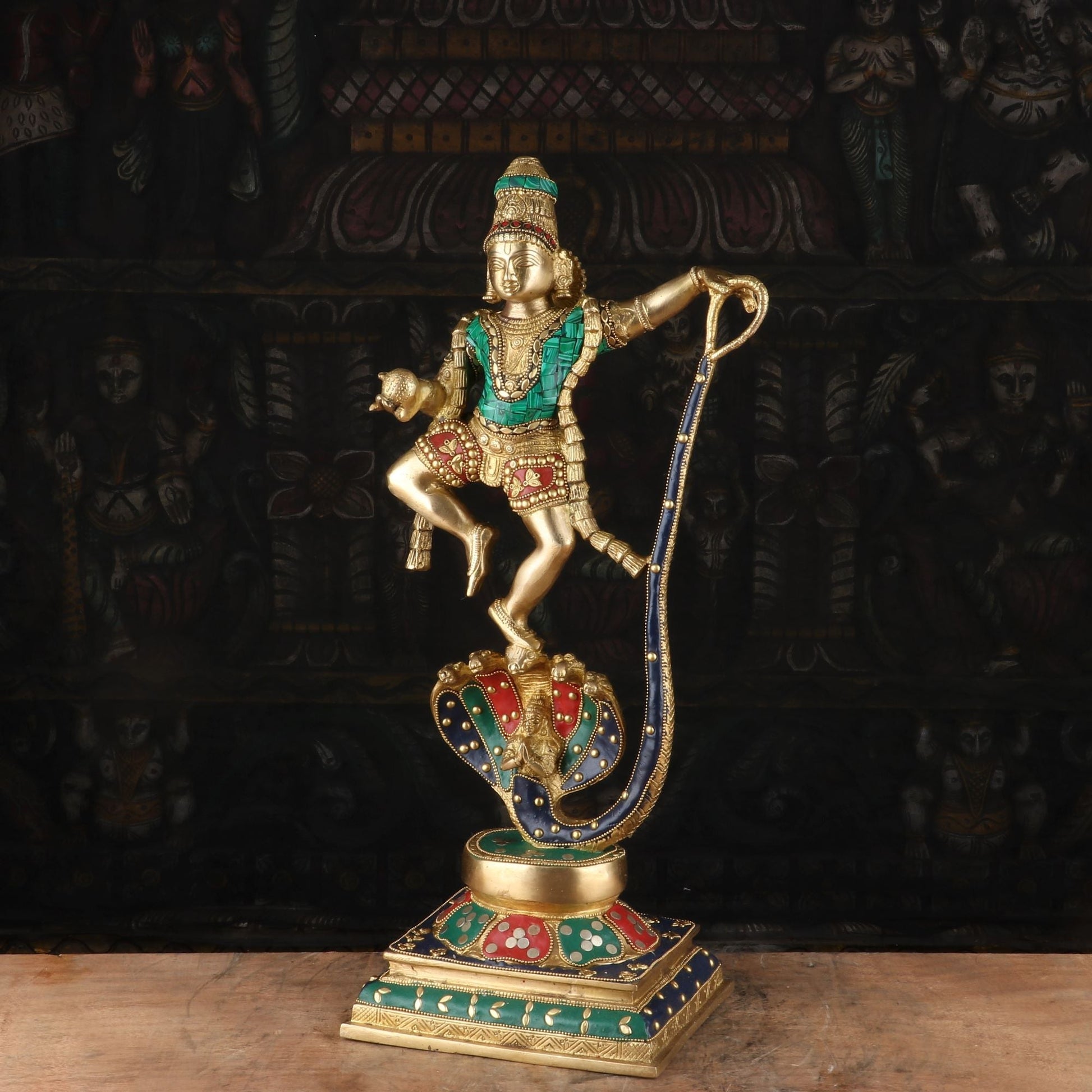 Brass Dancing Krishna on Kaliya Naag Statue 20" by StatueStudio - Image 4