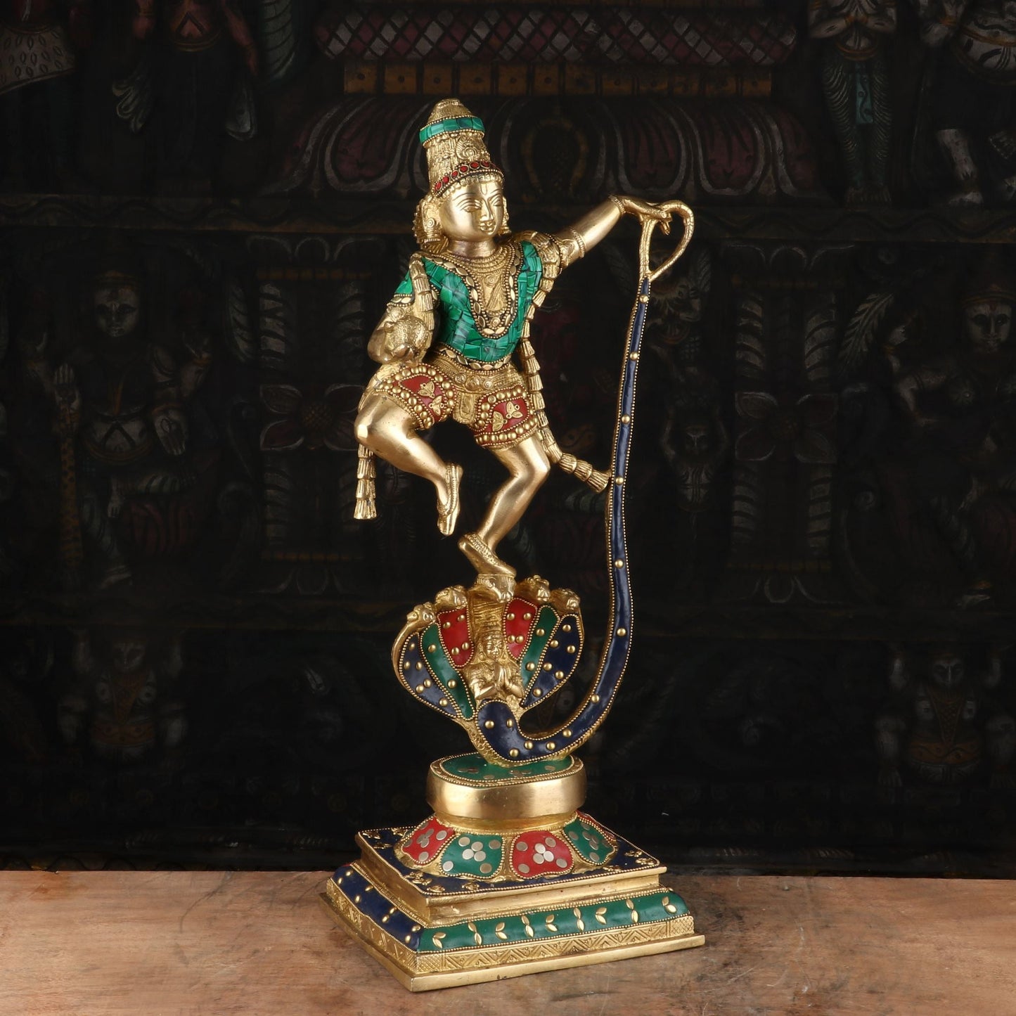 Brass Dancing Krishna on Kaliya Naag Statue 20" by StatueStudio