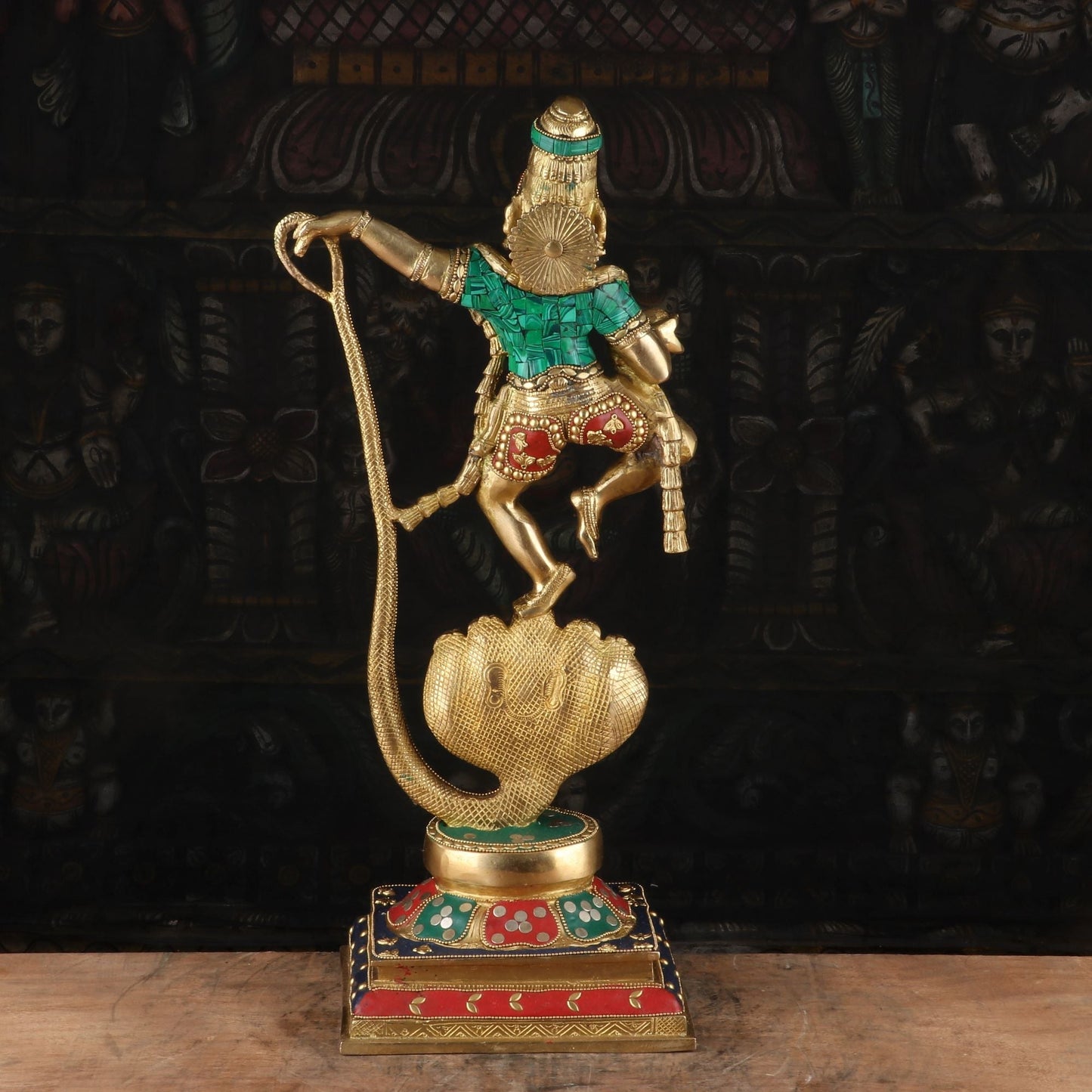 Brass Dancing Krishna on Kaliya Naag Statue 20" by StatueStudio