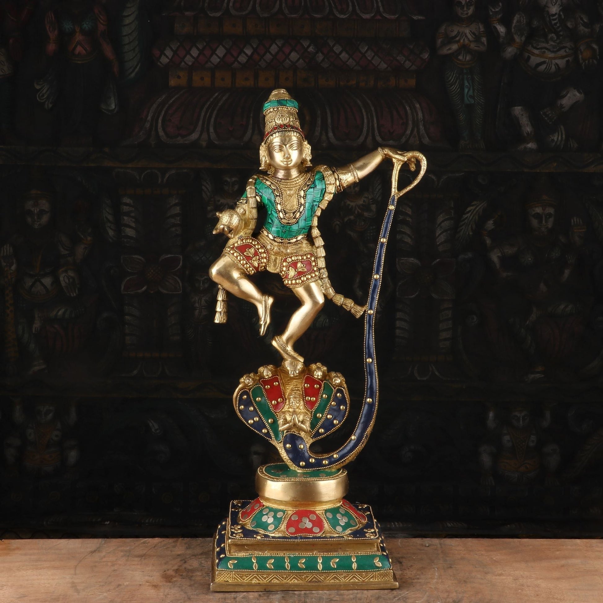 Brass Dancing Krishna on Kaliya Naag Statue 20" by StatueStudio - Eco-friendly - Sama Homes