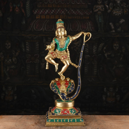 Brass Dancing Krishna on Kaliya Naag Statue 20" by StatueStudio