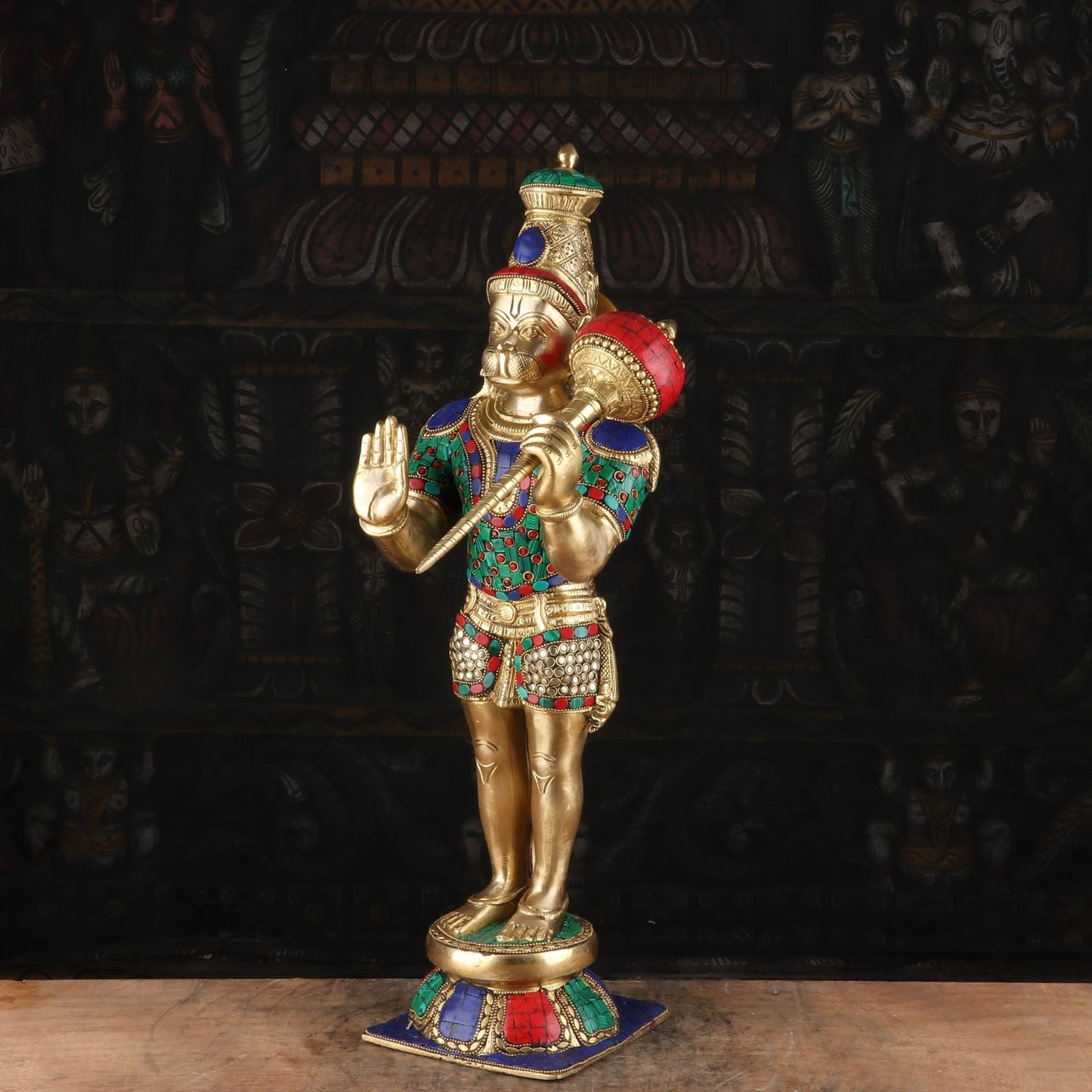 Brass Standing Hanuman Statue Stone Work 21 Inch