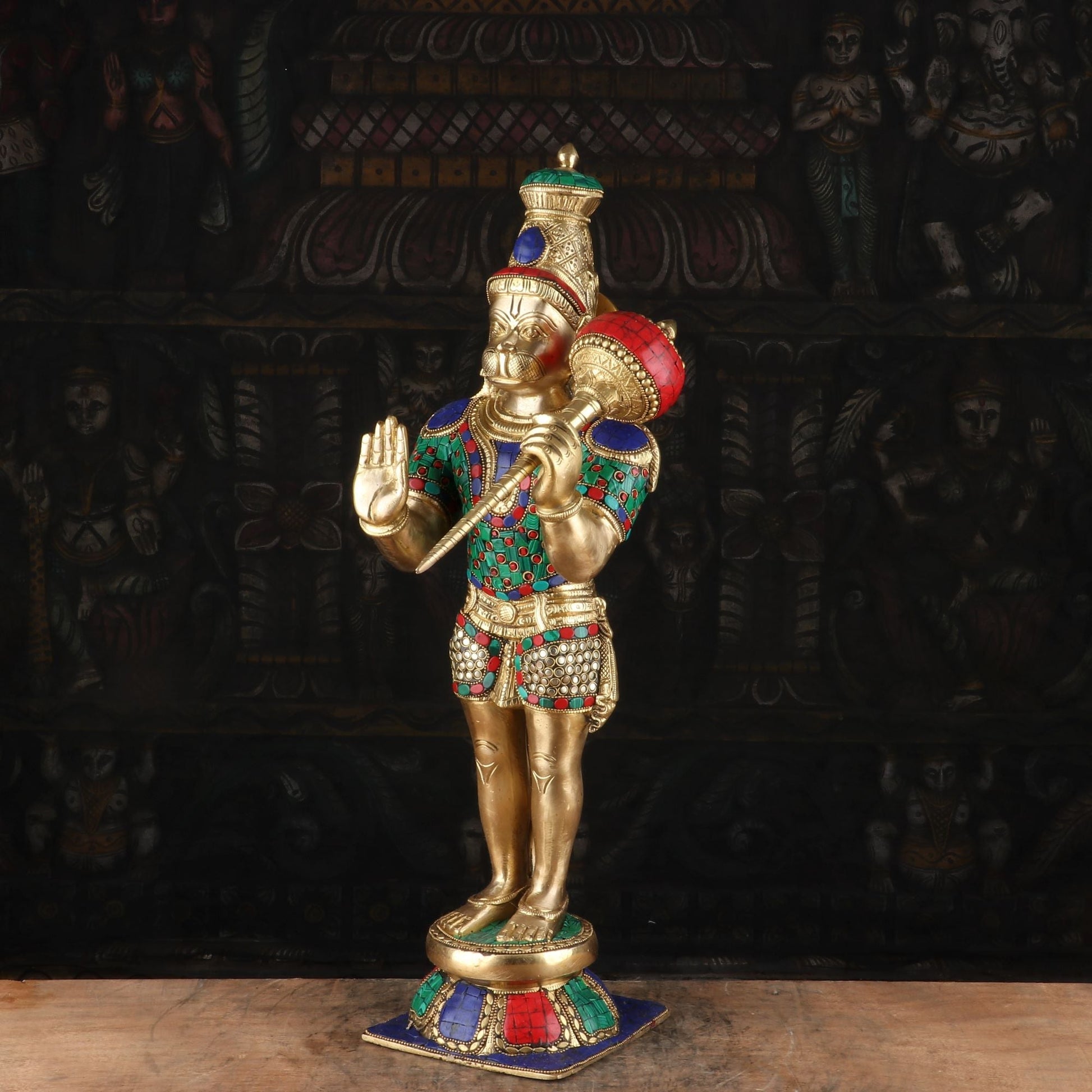 Brass Standing Hanuman Statue Stone Work 21 Inch - Image 4