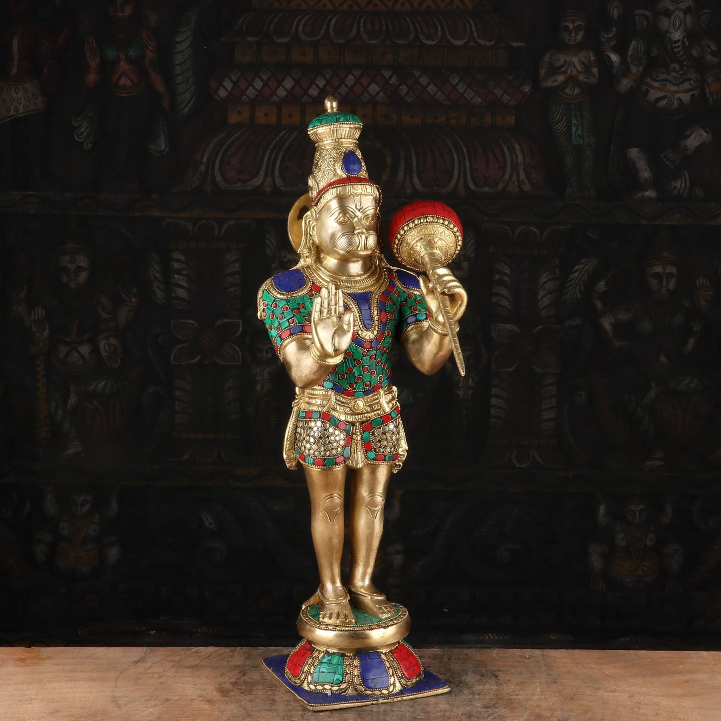 Brass Standing Hanuman Statue Stone Work 21 Inch