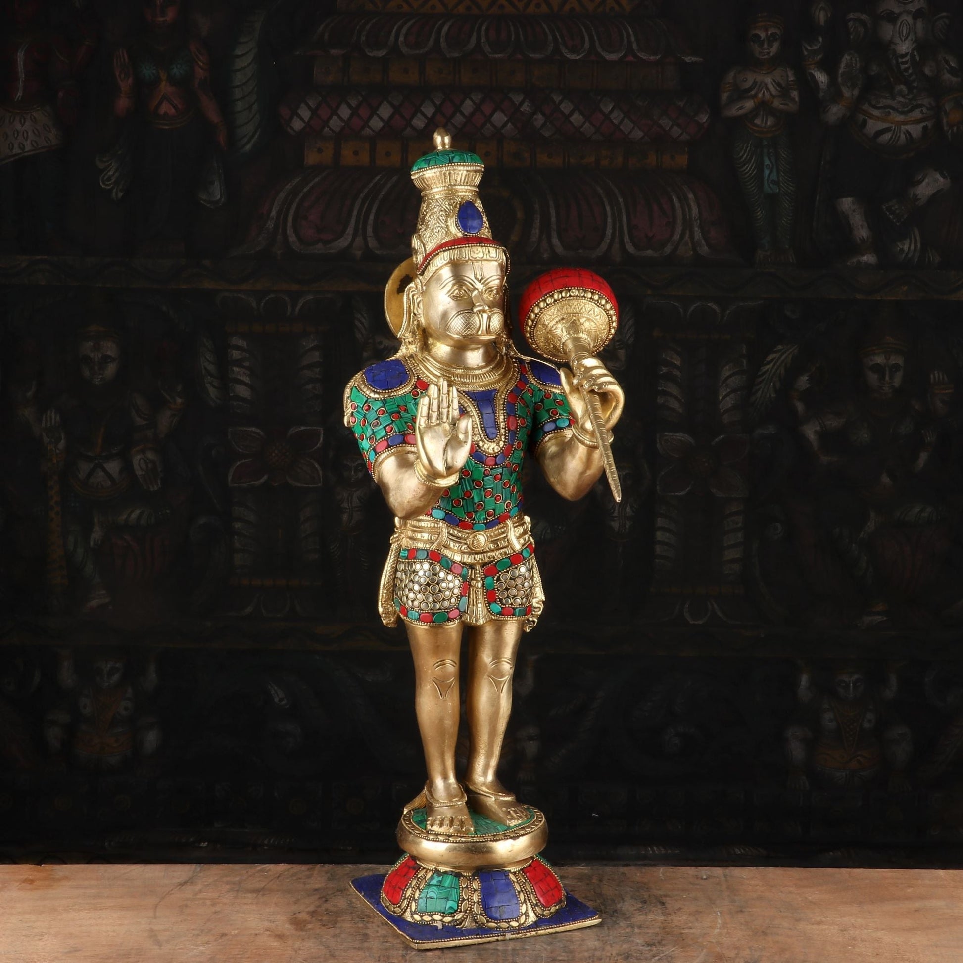 Brass Standing Hanuman Statue Stone Work 21 Inch - Image 5