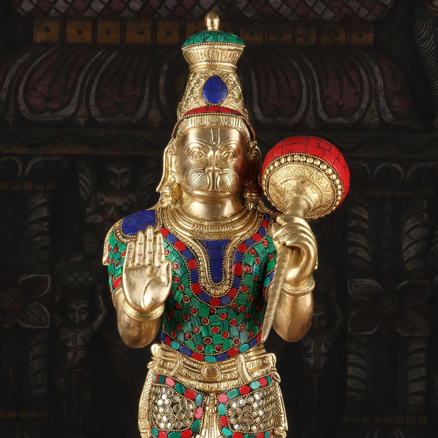 Brass Standing Hanuman Statue Stone Work 21 Inch