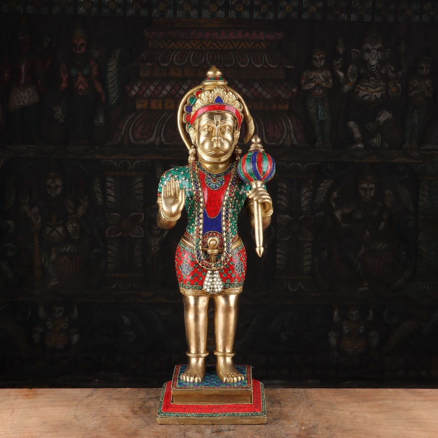 Brass Standing Hanuman Idol With Stone Work 23 Inch