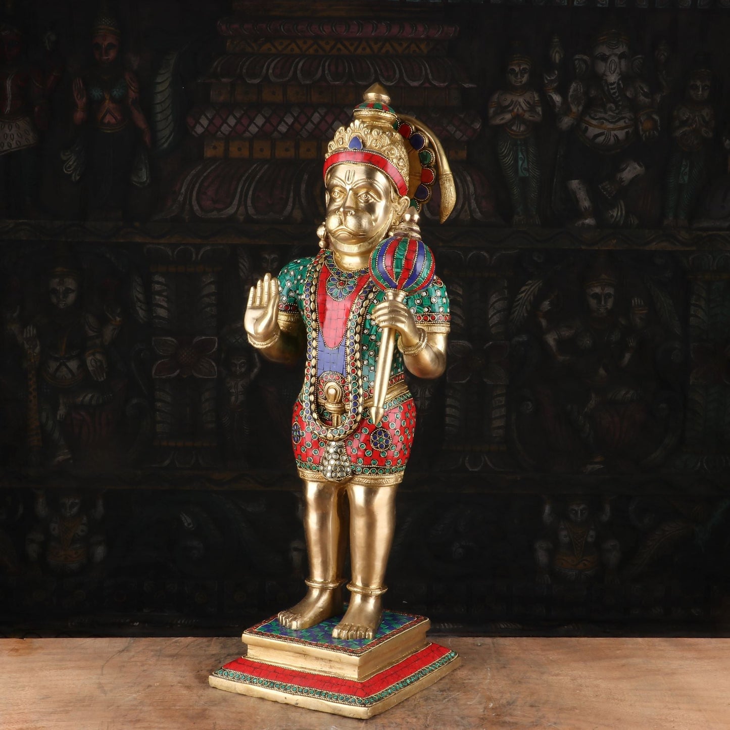 Brass Standing Hanuman Idol With Stone Work 23 Inch