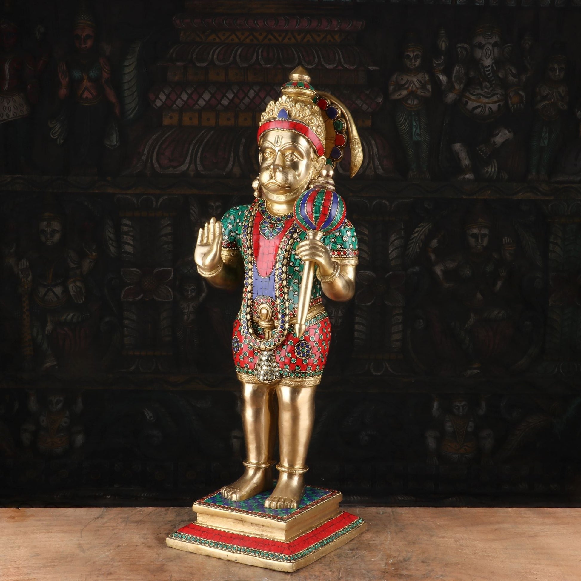 Brass Standing Hanuman Idol With Stone Work 23 Inch - Image 4