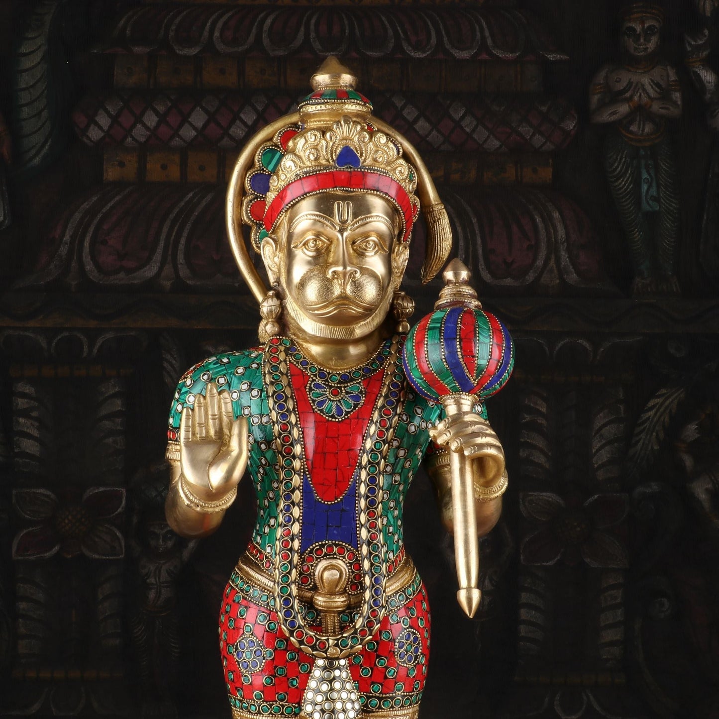 Brass Standing Hanuman Idol With Stone Work 23 Inch