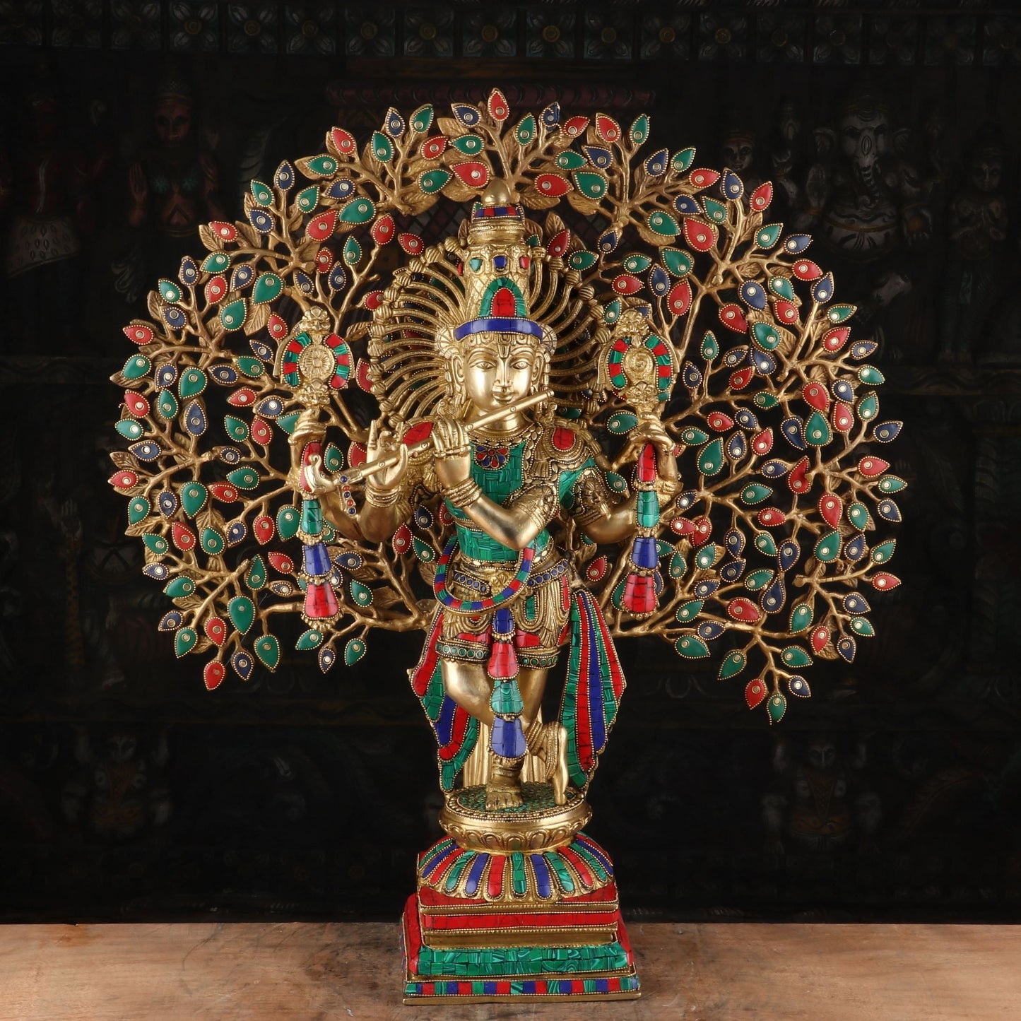 Brass Krishna Statue with Kalpavriksha Tree 28" by StatueStudio