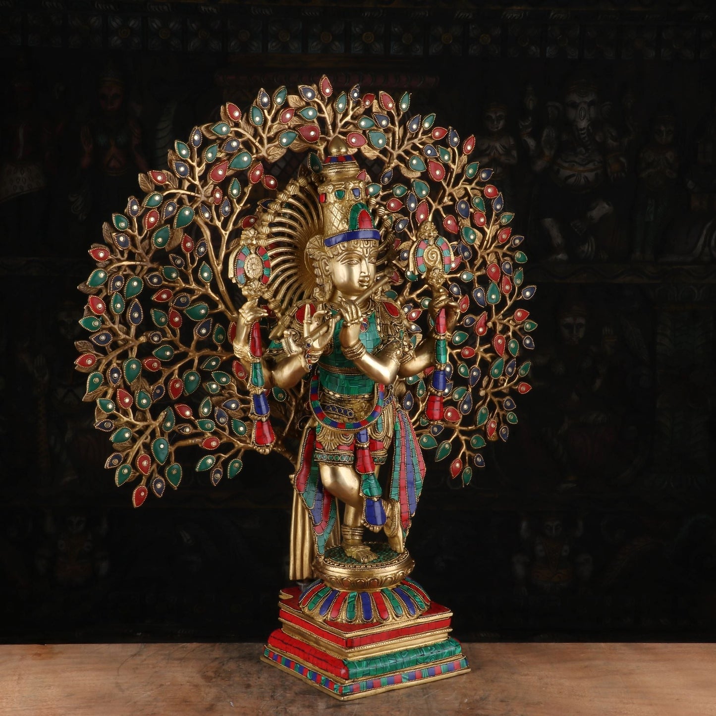 Brass Krishna Statue with Kalpavriksha Tree 28" by StatueStudio