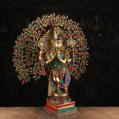 Brass Krishna Statue with Kalpavriksha Tree 28" by StatueStudio by vendor-unknown - Hindu Gods (View 5)