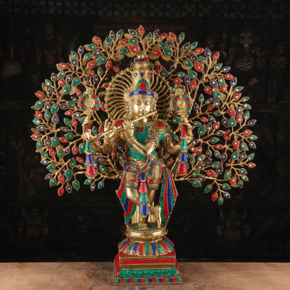 Brass Krishna Statue with Kalpavriksha Tree 28" by StatueStudio by vendor-unknown - Hindu Gods