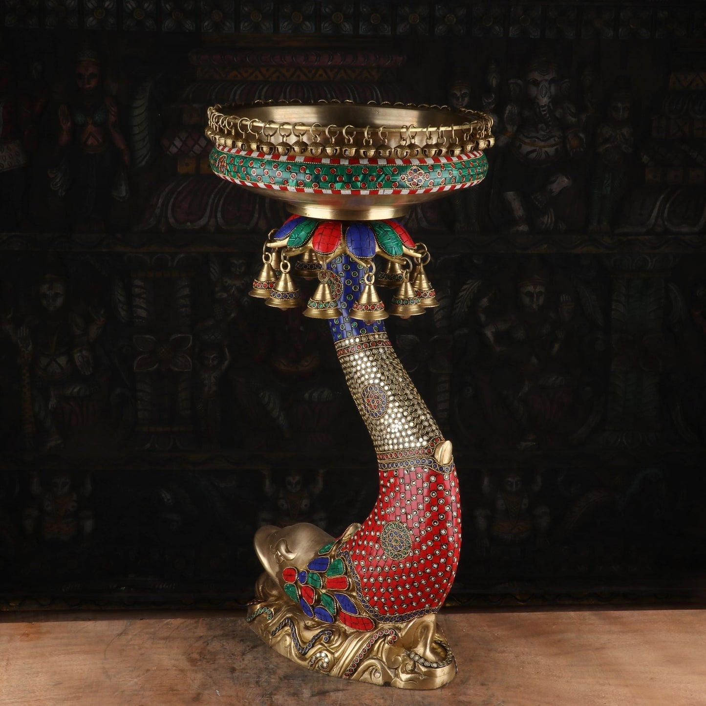 Brass Large Urli With Fish Stand South Indian Stone Work For Home Garden Office Decor 1 Feet