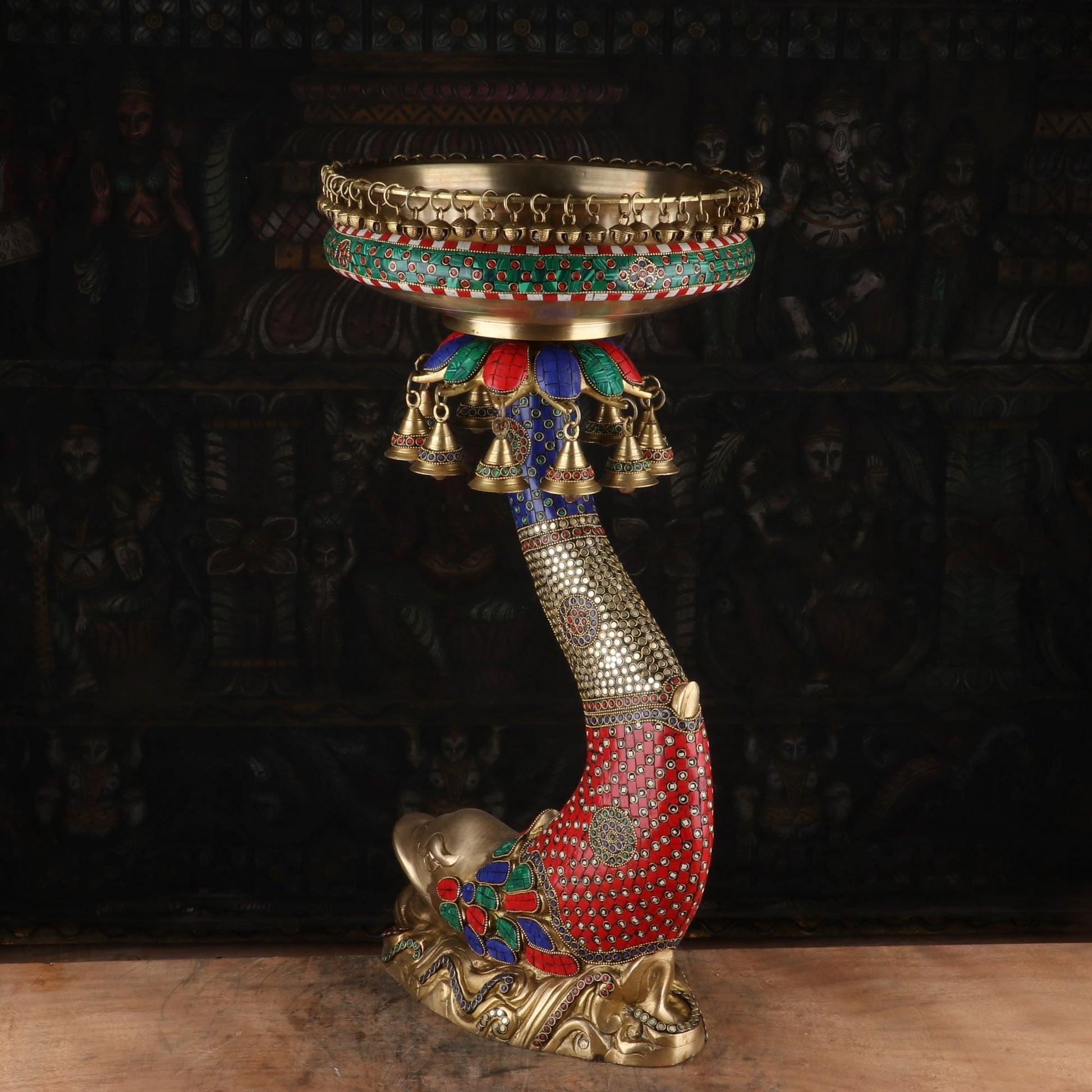 Brass Large Urli With Fish Stand South Indian Stone Work For Home Garden Office Decor 1 Feet - Image 3