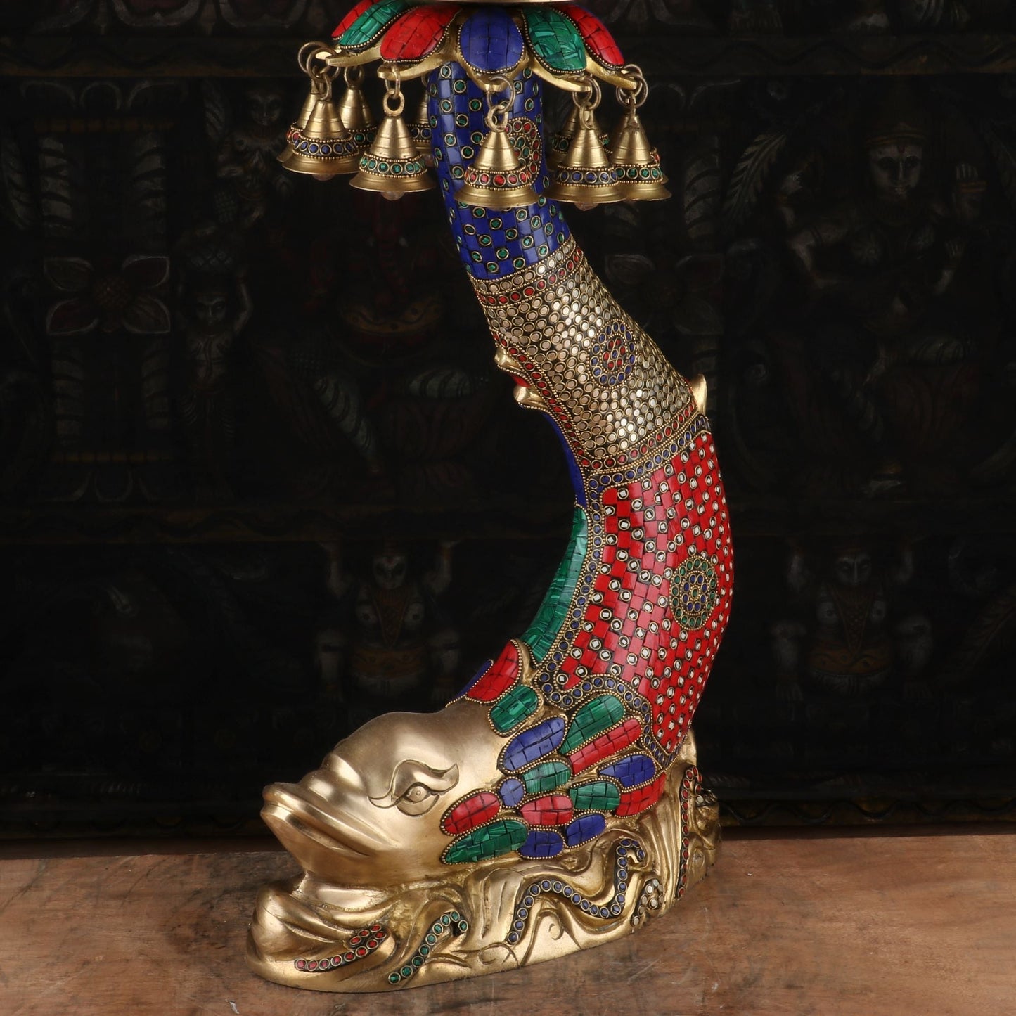 Brass Large Urli With Fish Stand South Indian Stone Work For Home Garden Office Decor 1 Feet