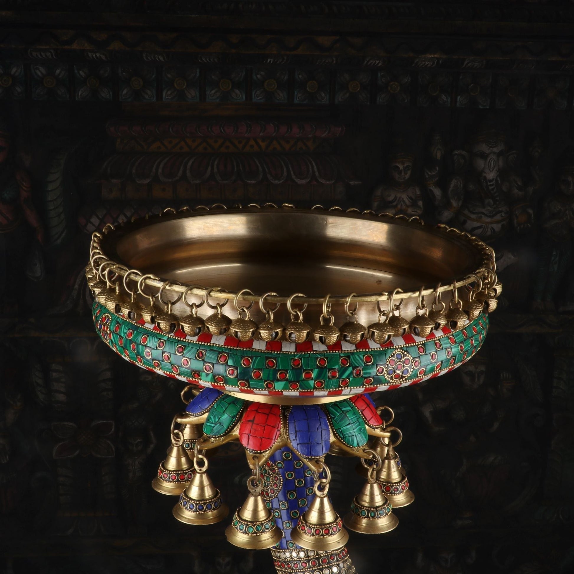 Brass Large Urli With Fish Stand South Indian Stone Work For Home Garden Office Decor 1 Feet - Image 5