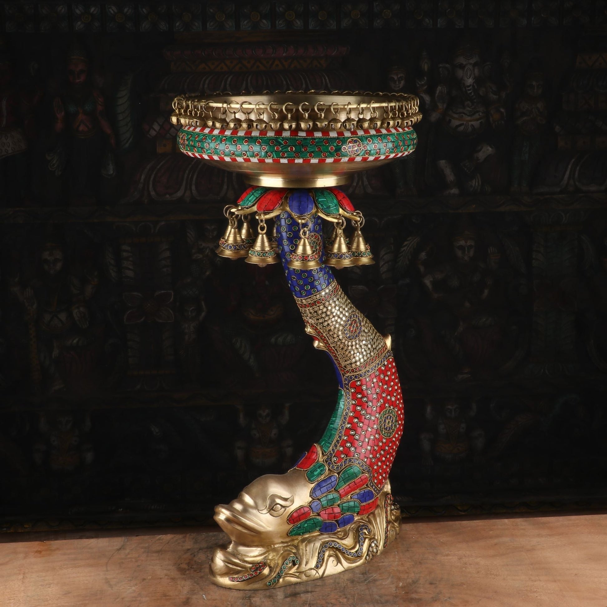 Brass Large Urli With Fish Stand South Indian Stone Work For Home Garden Office Decor 1 Feet - Eco-friendly - Sama Homes