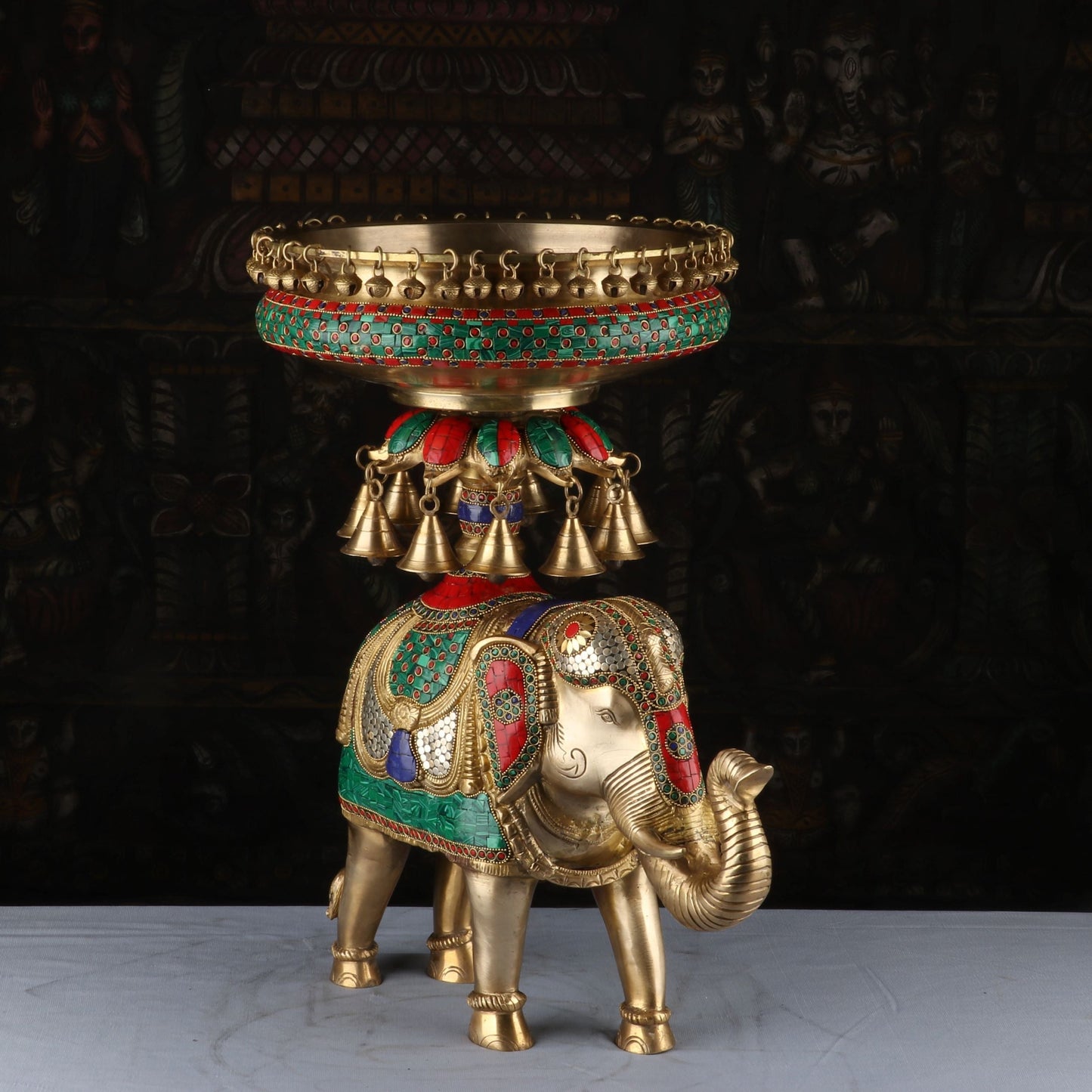 Brass Large Urli South Indian With Elephant Stand Stone Work For Home Garden Office Decor 20"