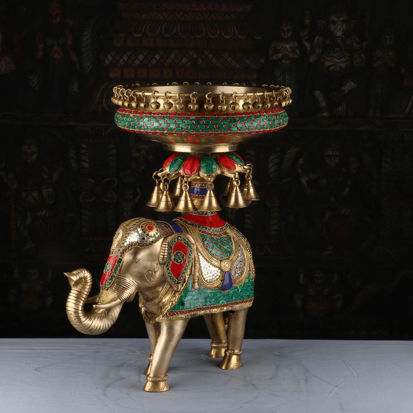 Brass Large Urli South Indian With Elephant Stand Stone Work For Home Garden Office Decor 20"