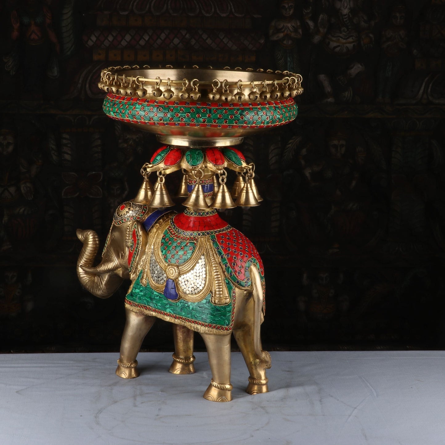 Brass Large Urli South Indian With Elephant Stand Stone Work For Home Garden Office Decor 20"