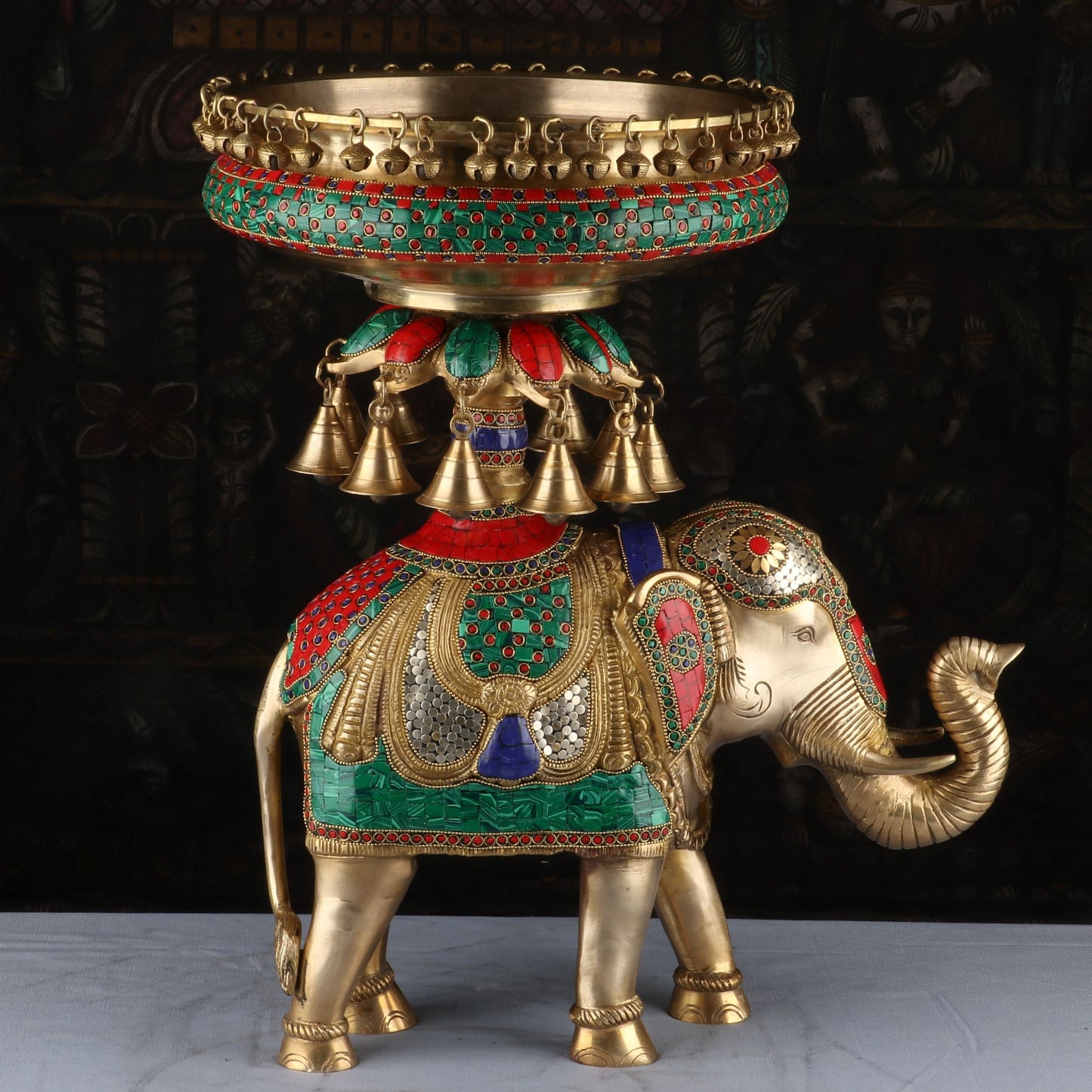 Brass Large Urli South Indian With Elephant Stand Stone Work For Home Garden Office Decor 20"