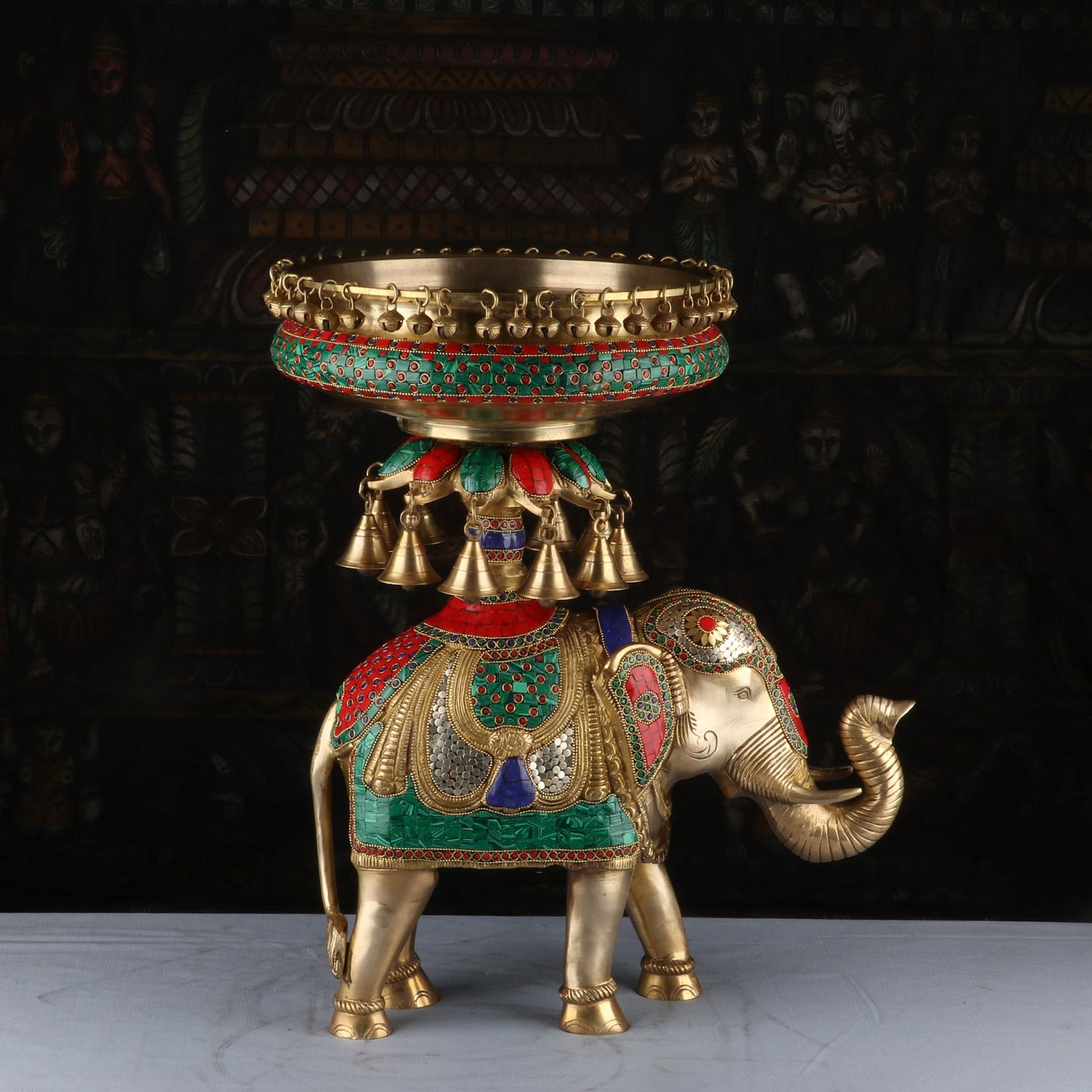 Brass Large Urli South Indian With Elephant Stand Stone Work For Home Garden Office Decor 20"