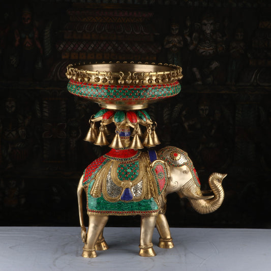 Brass Large Urli South Indian With Elephant Stand Stone Work For Home Garden Office Decor 20"