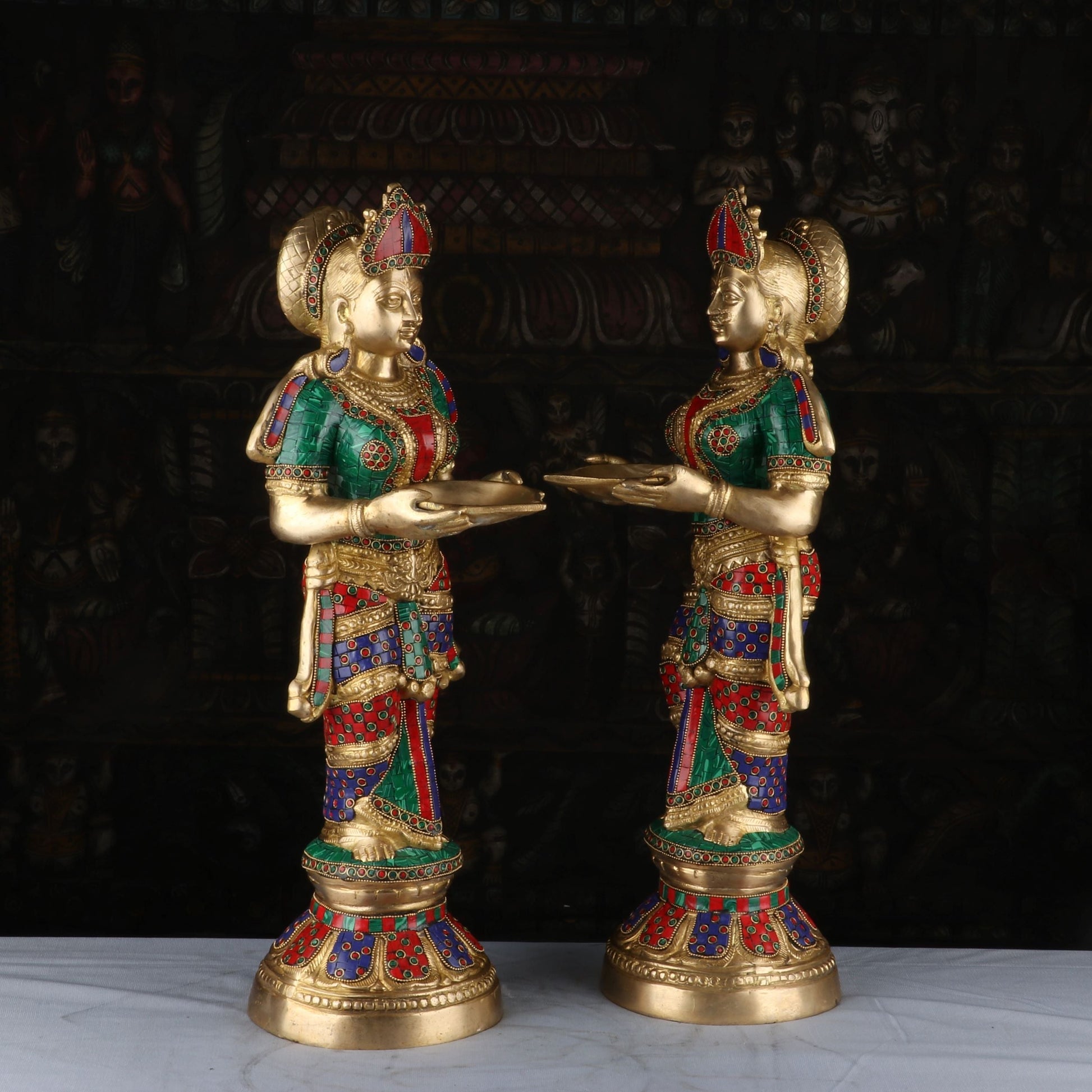 Brass Deeplakshmi Pair Statue Stone Work For Pooja Room Home Decor Showpiece 2 Feet - Image 3
