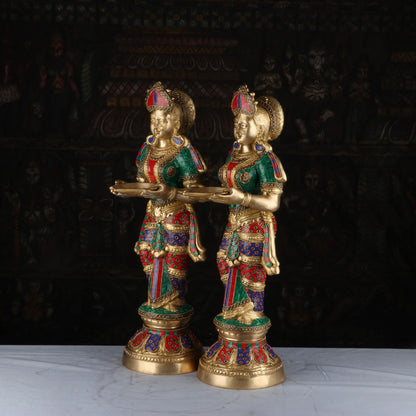 Brass Deeplakshmi Pair Statue Stone Work For Pooja Room Home Decor Showpiece 2 Feet by vendor-unknown - Decor (View 4)