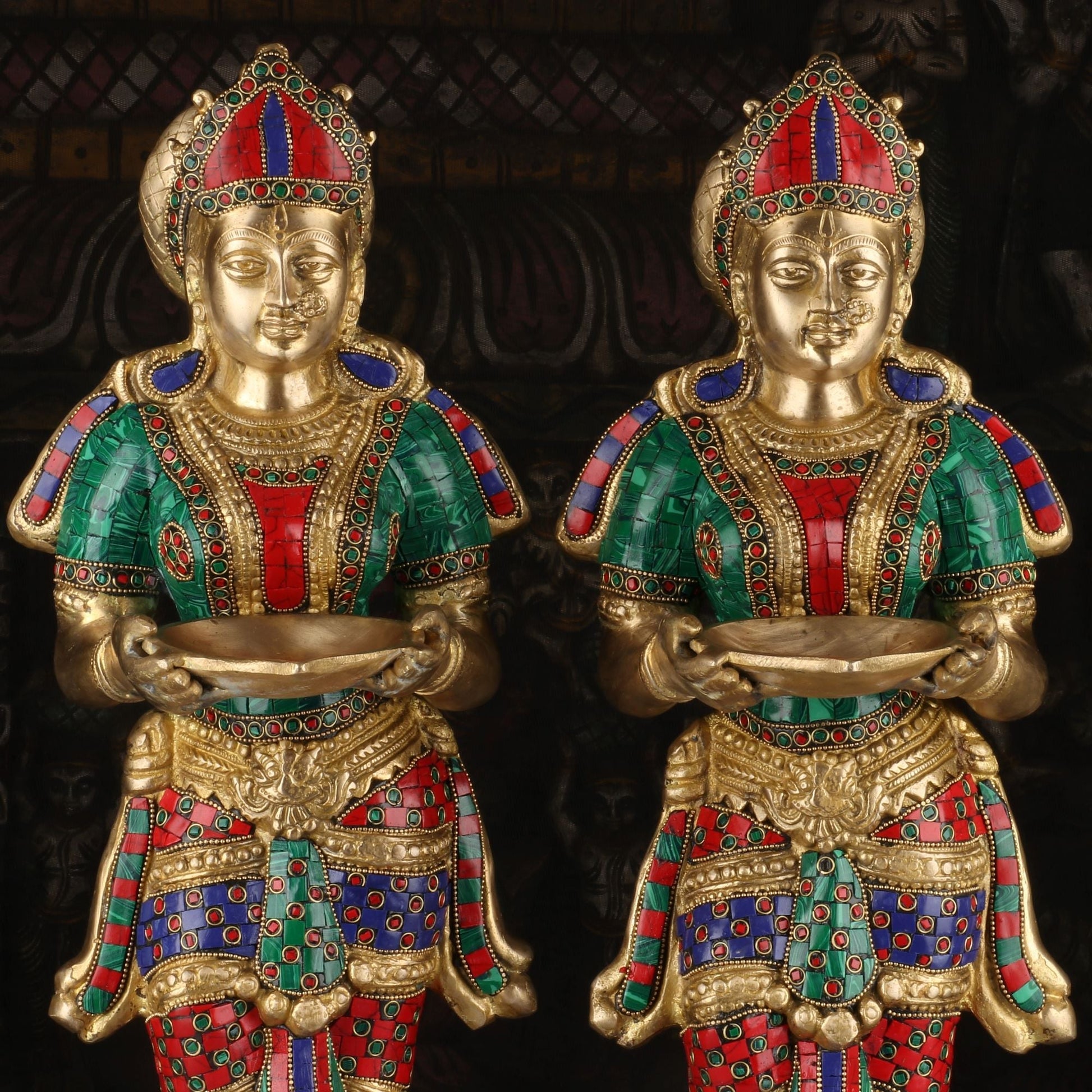 Brass Deeplakshmi Pair Statue Stone Work For Pooja Room Home Decor Showpiece 2 Feet - Image 6