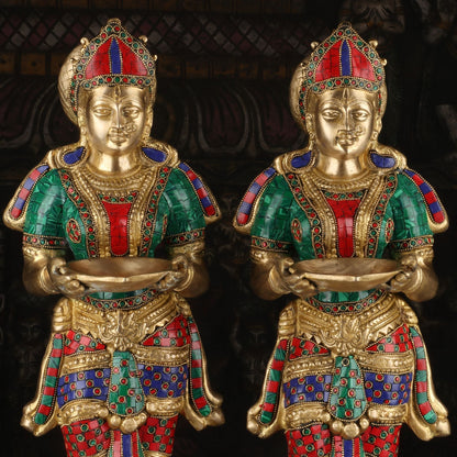 Brass Deeplakshmi Pair Statue Stone Work For Pooja Room Home Decor Showpiece 2 Feet by vendor-unknown - Decor (View 6)