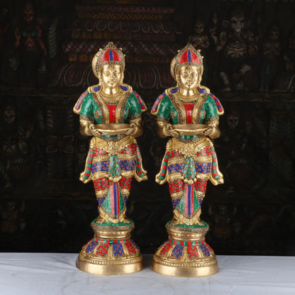 Brass Deeplakshmi Pair Statue Stone Work For Pooja Room Home Decor Showpiece 2 Feet by vendor-unknown - Decor