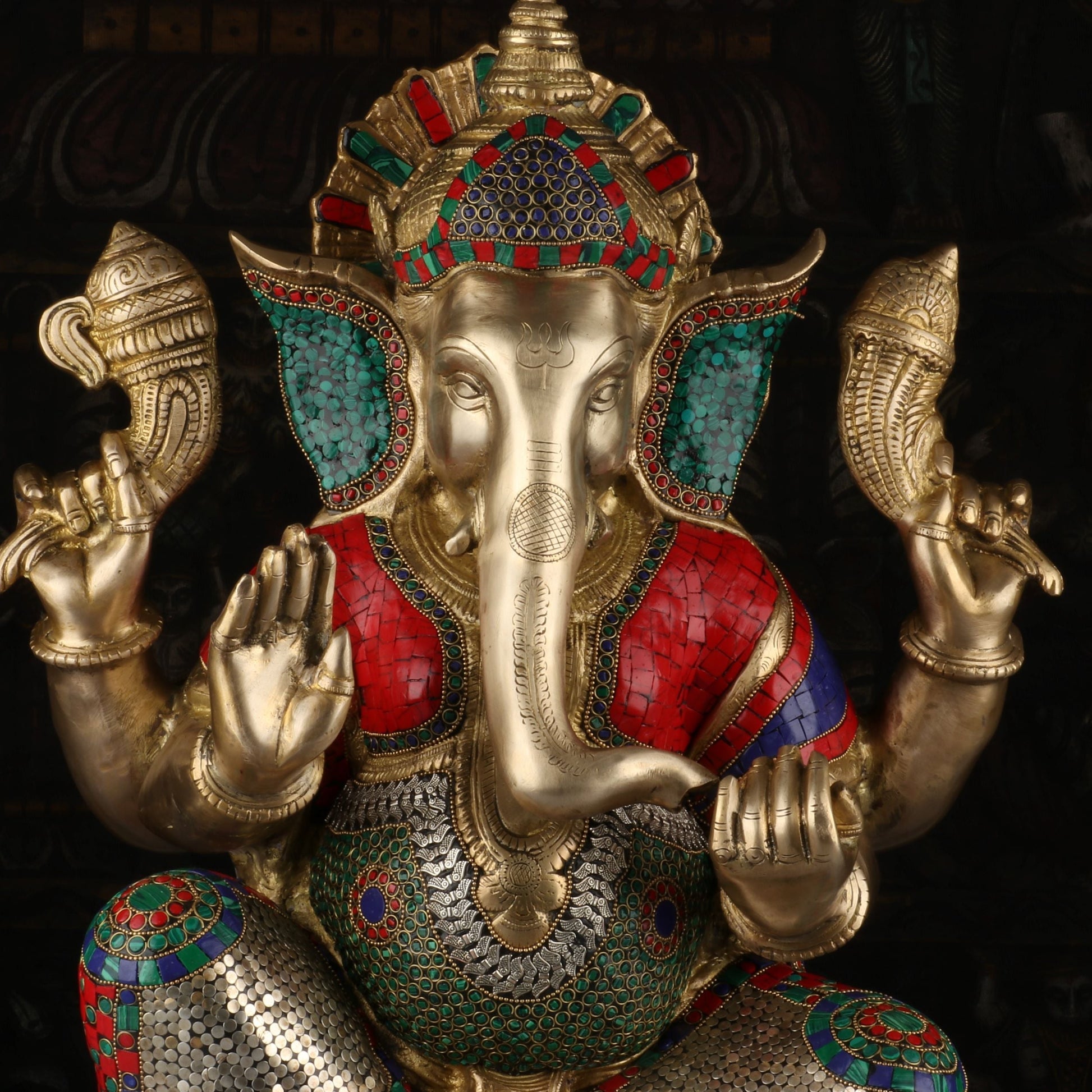 Brass Lord Ganesha Idol Stone Work Sculpture For Home Decor 2 Feet - Image 6