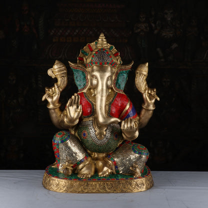 Brass Lord Ganesha Idol Stone Work Sculpture For Home Decor 2 Feet by vendor-unknown - Hindu Gods