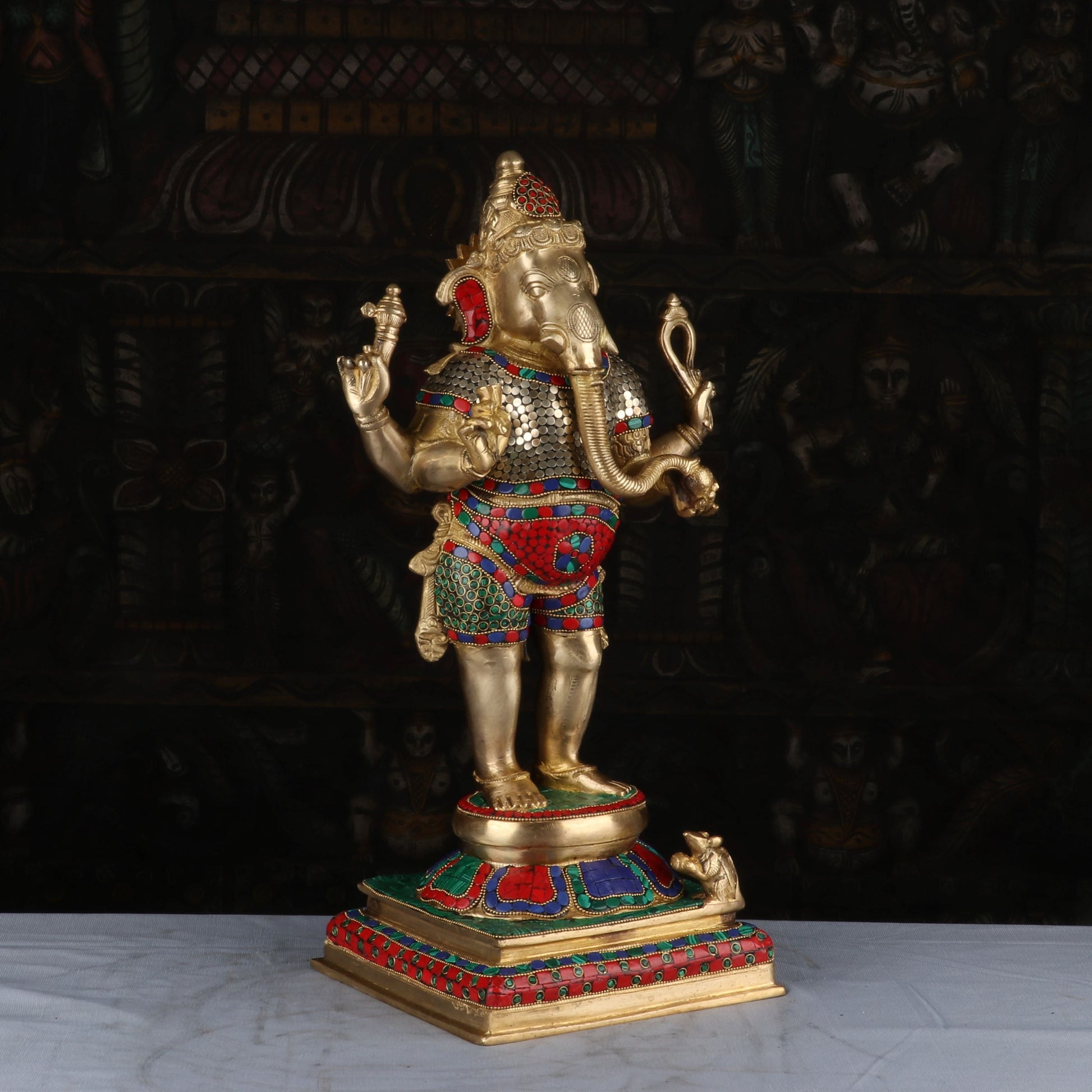 Brass Standing Ganesha Idol Stone Work For Home Decor 1.5 Feet - Image 4