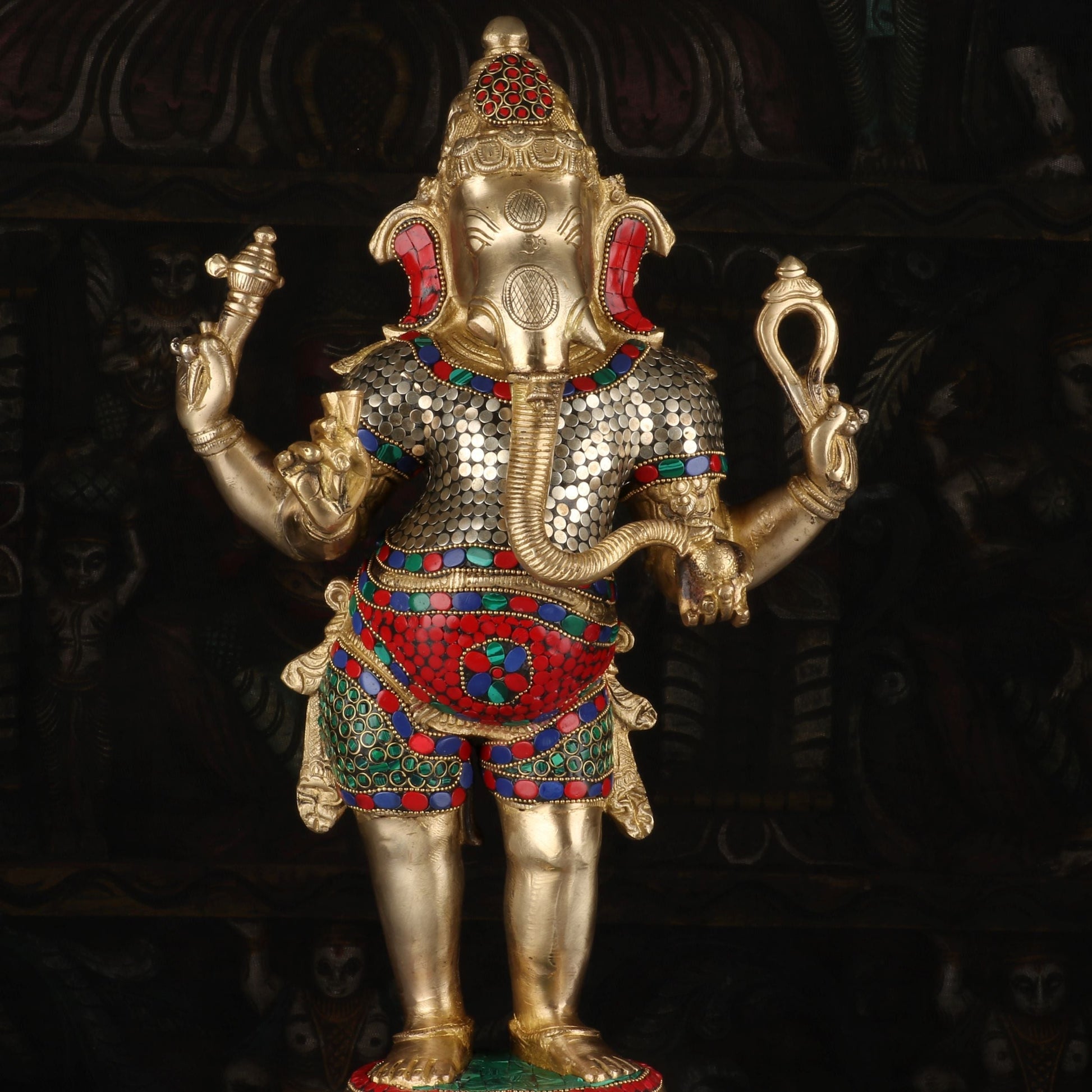 Brass Standing Ganesha Idol Stone Work For Home Decor 1.5 Feet - Image 6